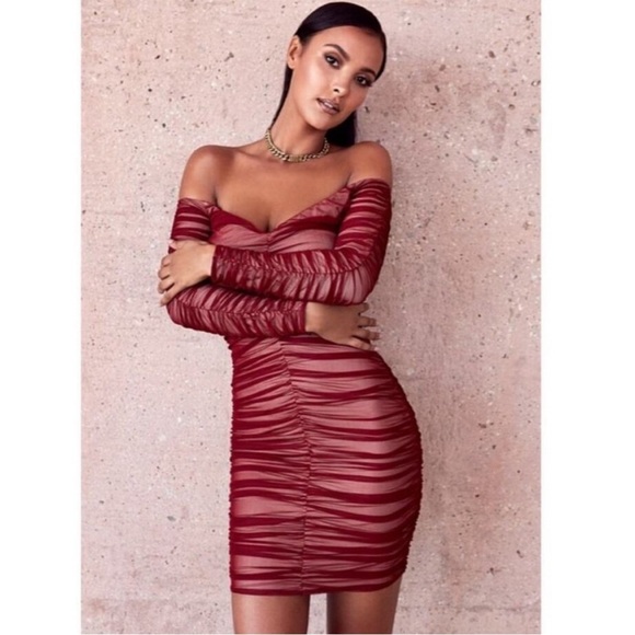 House of CB Fifi Wine Red Stretch Off the Shoulder Ruched Tulle Dress. Size XS - Picture 3 of 15